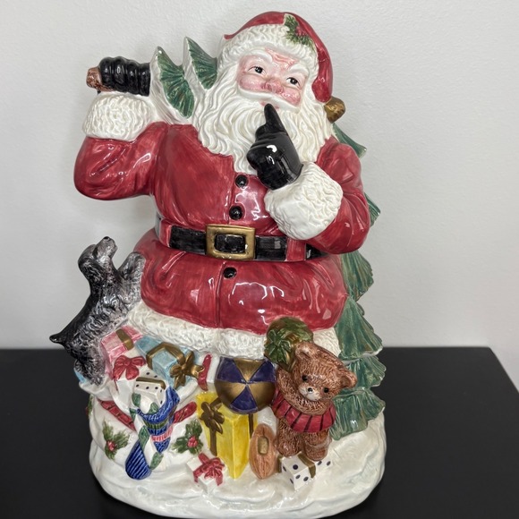 Fitz and Floyd‎ 1996 Santa Cookie Jar Teddy Bear Dog Christmas Tree Gifts